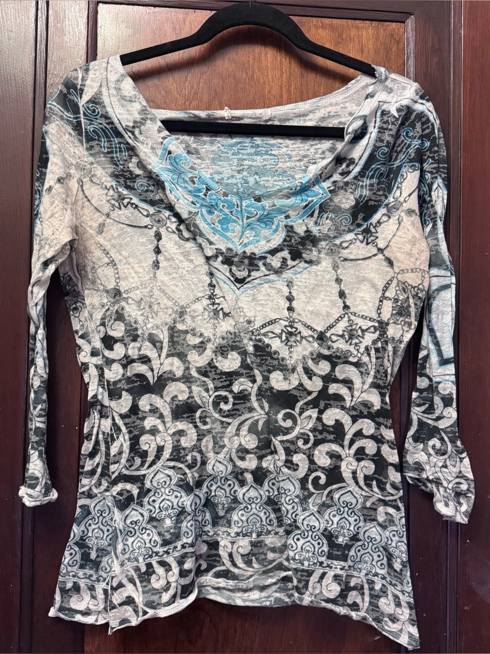 Boho Burnout Paisley Top XL Tagless Grey Blue 3/4 Sleeve - XLG
